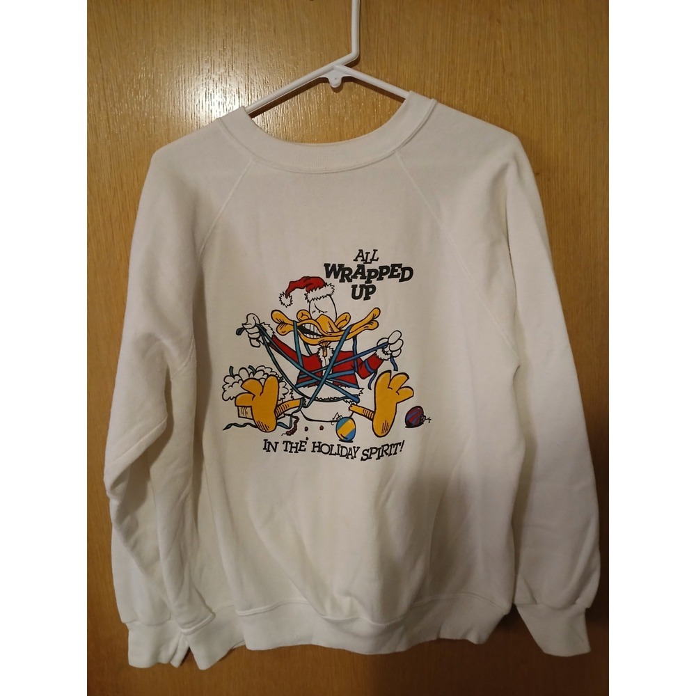 Vintage Tultex Christmas Sweatshirt Large Duck Holiday Lights 90s USA